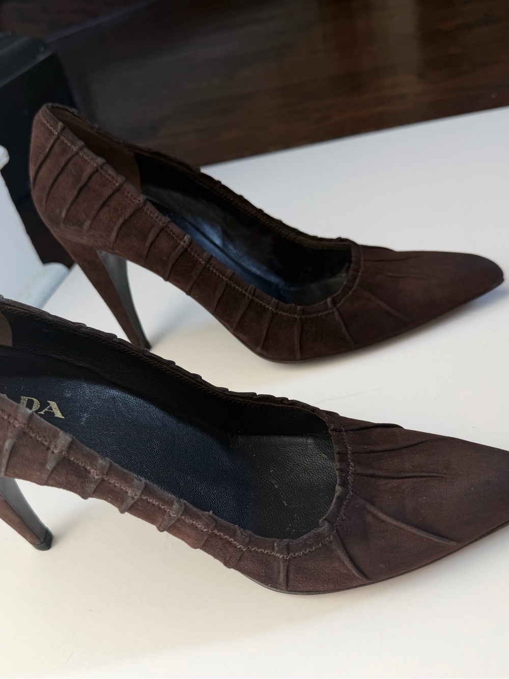 Prada Camoscio Plisse Women's Dark Brown Suede Heels - Picture 12 of 15